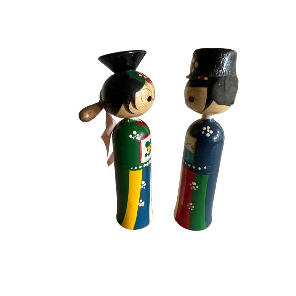 Unbranded Kokeshi Dolls Multicolor Wooden Couple‎ Hand Painted Vintage Folk Art